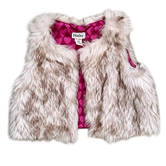 EUC Hatley faux fur brown, gray, beige vest w/ pink hearts sateen lining. 9-12m. - Picture 1 of 5